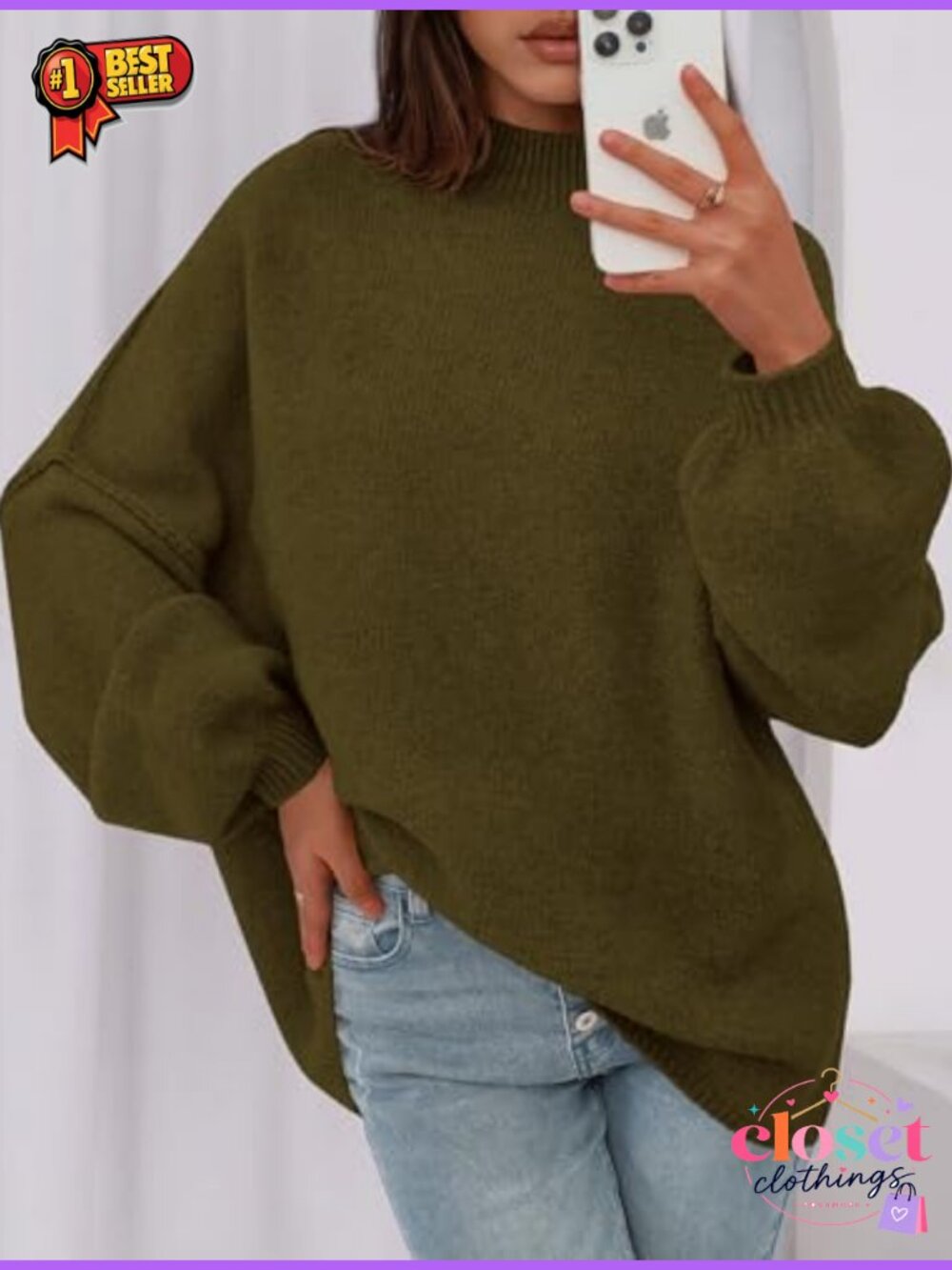 Oversized Chunky Knit Mock Neck Pullover Sweater Long Sleeve - Picture 4 of 6